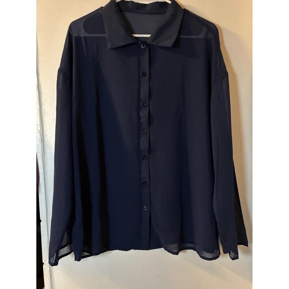 Navy Blue Sheer Long Sleeve Blouse Women’s L  Button Down